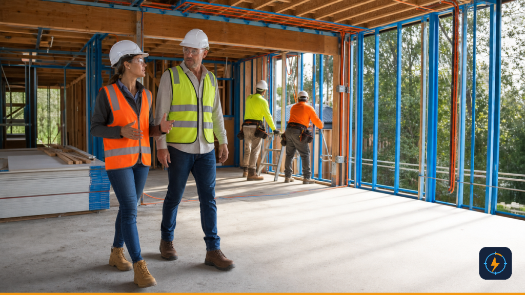 Project manager and client walking an active renovation site as the crew advances the work