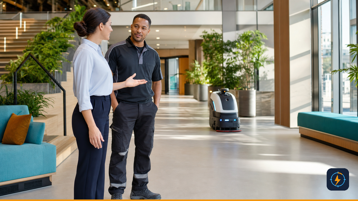 Facilities coordinator and service specialist working beside an autonomous floor-care robot